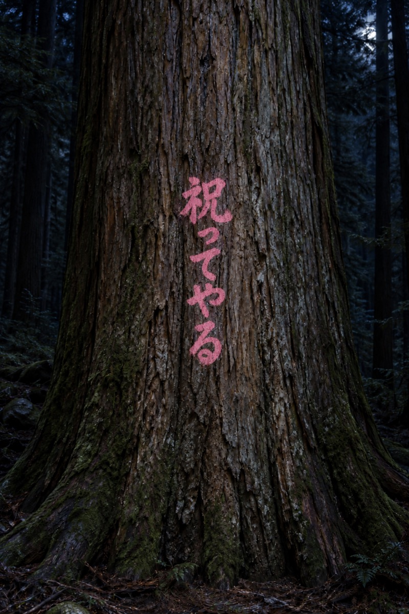 暗い森の木の幹に、桃色で縦書きされた『祝ってやる』の文字