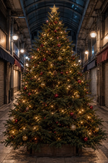 夜の商店街を彩るクリスマスツリー