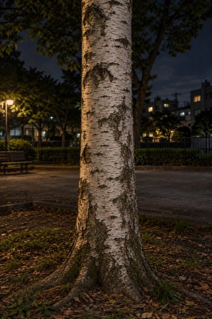 夜の公園に立つ白い樹皮の木