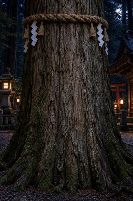しめ縄と石灯籠のある神社の御神木
